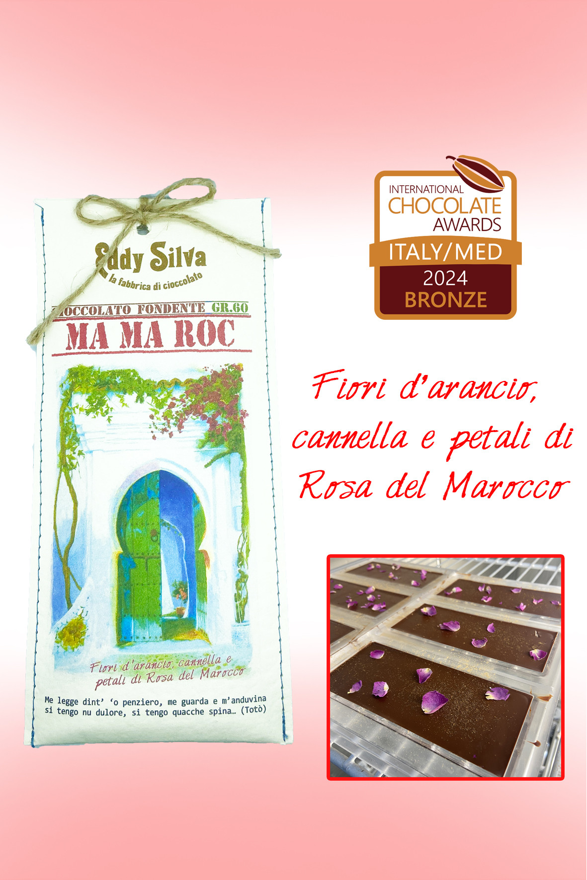 Tavoletta al Cioccolato fondente artigianale al 66% del Madagascar, fiori d'arancio, cannella e rosa del Marocco.